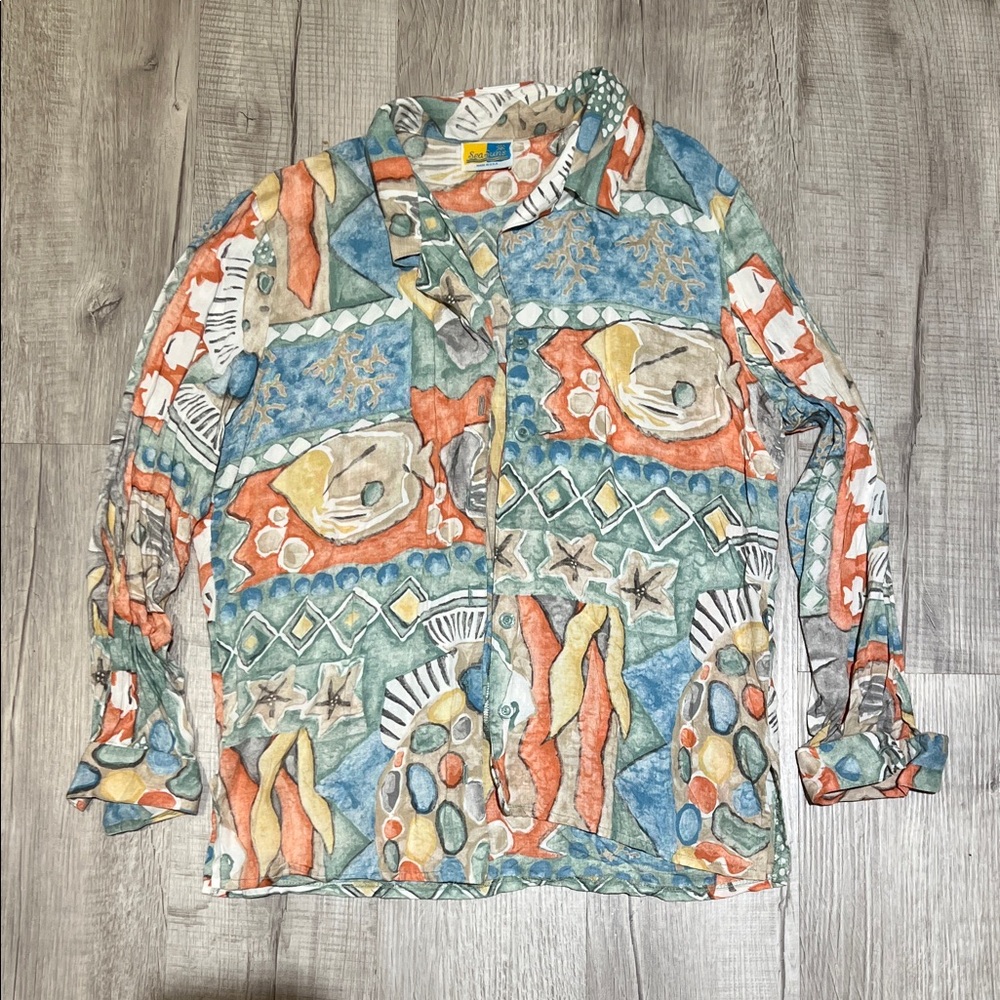 Vintage 80s Coastal Colorful Abstract Men's Button Down Shirt medium